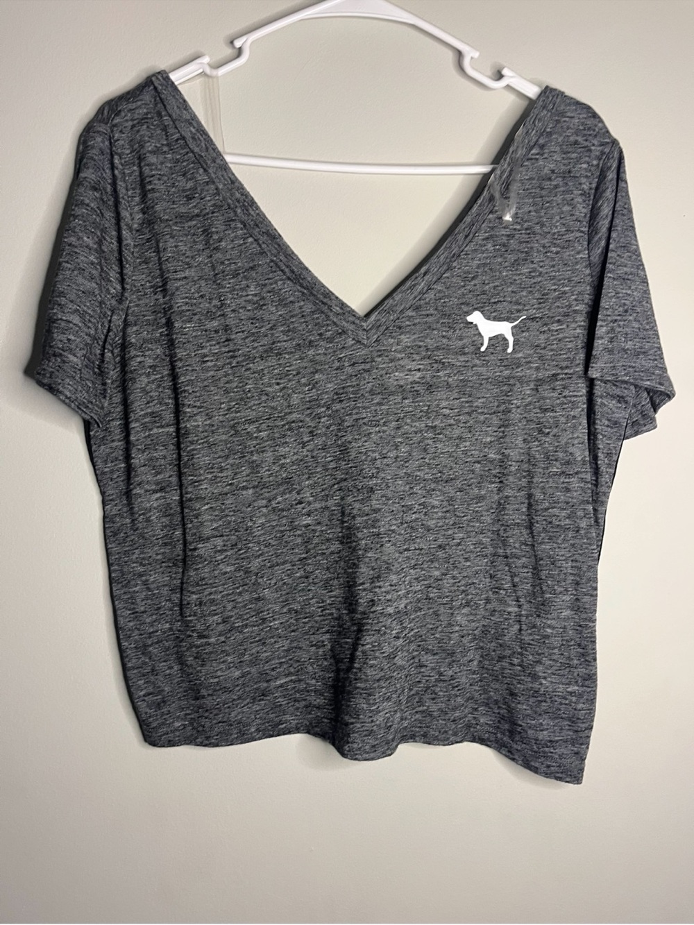 Victorias Secret  Pink gray  V-Neck Tee with White Dog Logo small